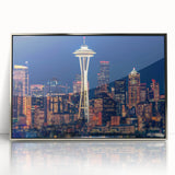 Mid-century modernist art of Seattle skyline in muted gray and silver tones, framed acrylic, ideal for modern art wall decor.