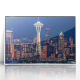 Art deco poster of Seattle skyline in muted gray and blue tones, framed acrylic.