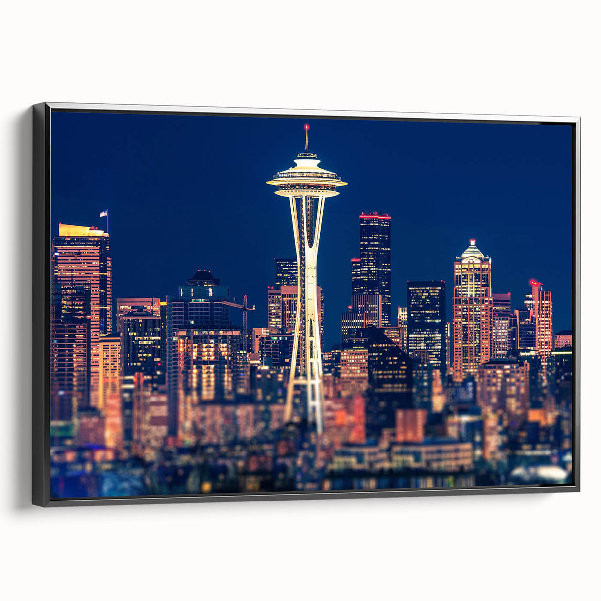 Black and white framed canvas of Seattle skyline in a vintage poster style, ideal for bedroom wall decor.