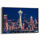 Black and white framed canvas of Seattle skyline in a vintage poster style, ideal for bedroom wall decor.