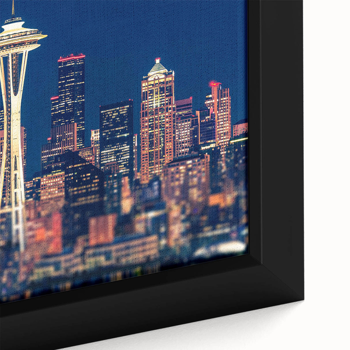 Extra large framed canvas of Seattle skyline in black with colorful, textured highlights, suitable for living room decor.