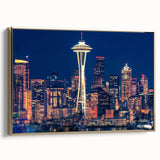 Framed canvas wall art of Seattle skyline in vintage poster style with black and gold tones, ideal for bedroom decor.