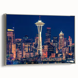 Framed canvas featuring a monochrome Seattle skyline with vibrant color accents, ideal for modern office decor.