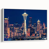 Framed canvas of a vintage poster art depicting colorful Seattle skyline, ideal for living room decor.