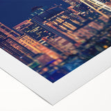Art deco poster of Seattle skyline in muted metallic tones on rolled canvas, suitable for dining room wall art.