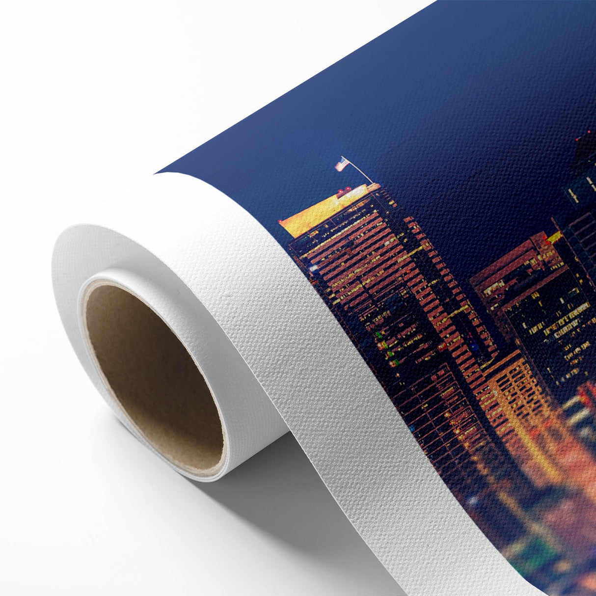 Art Deco-style Seattle skyline on rolled canvas with pastel blue and green tones, ideal for nursery wall art.