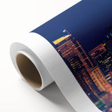 Art Deco-style Seattle skyline on rolled canvas with pastel blue and green tones, ideal for nursery wall art.