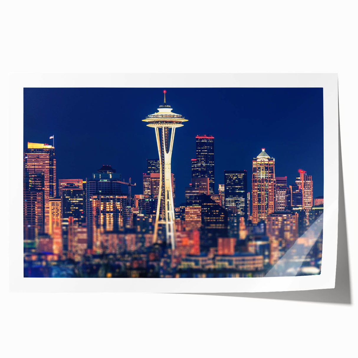 Seattle skyline with pastel sunset hues on rolled canvas, ideal for art wall dining room.