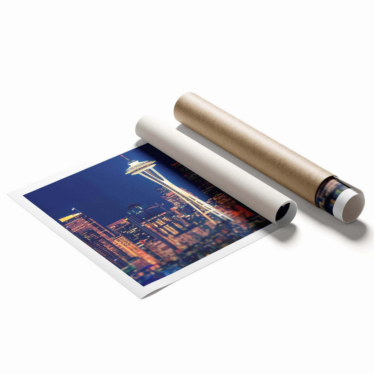 Extra large rolled print of Seattle skyline with soft pastel shades, ideal for classy bathroom wall art.