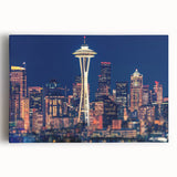 Black and white photograph of the Seattle skyline on stretched canvas, suitable for kitchen wall art.