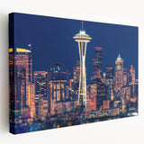 Large art print of the Seattle skyline in muted blue tones on stretched canvas, ideal for kitchen wall art.