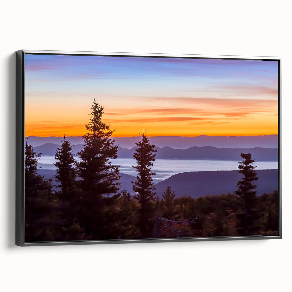 Black and white framed canvas of a West Virginia landscape, ideal for bedroom wall art.