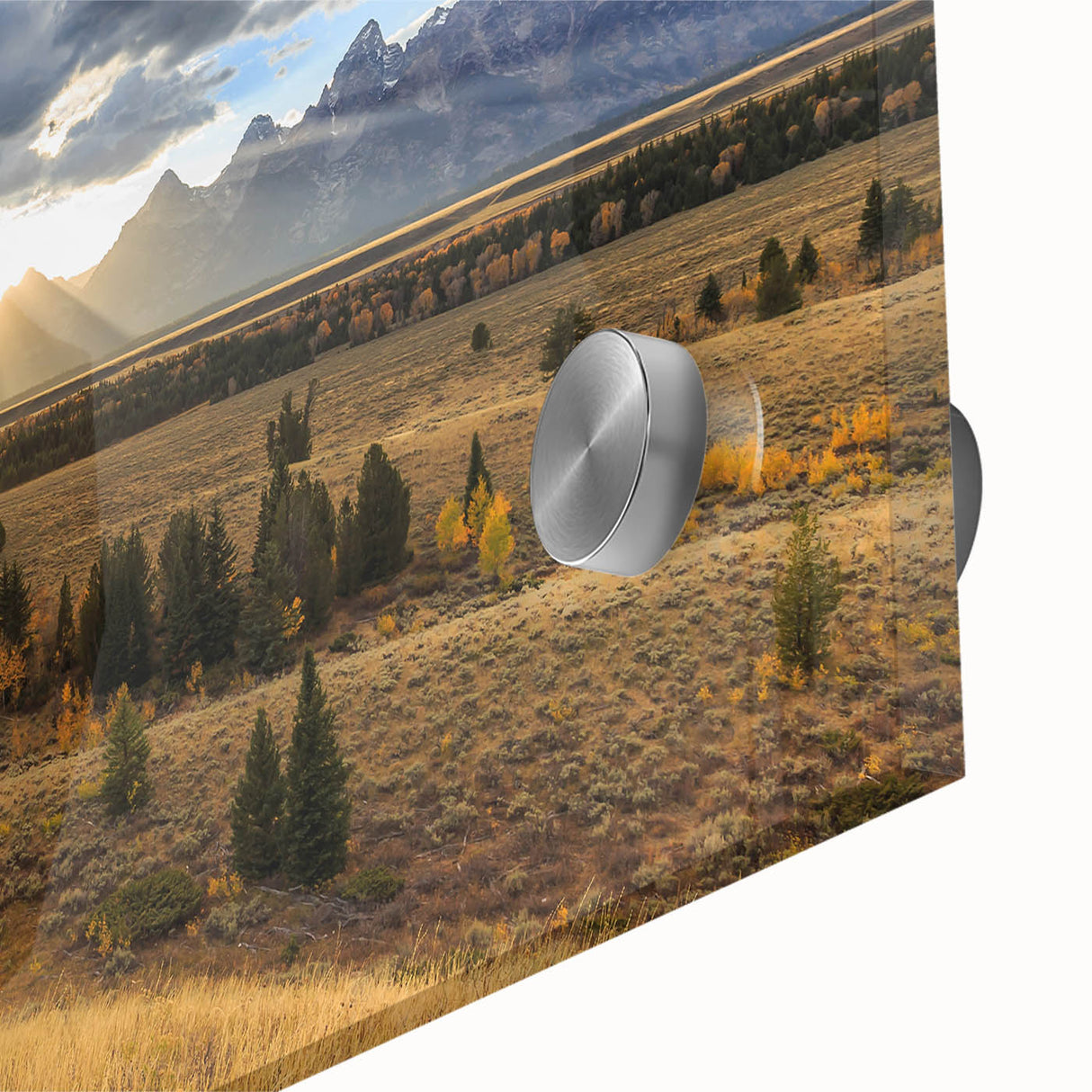 Grand Tetons acrylic glass art featuring large abstract shapes in muted earth tones, suitable for dining room decor.
