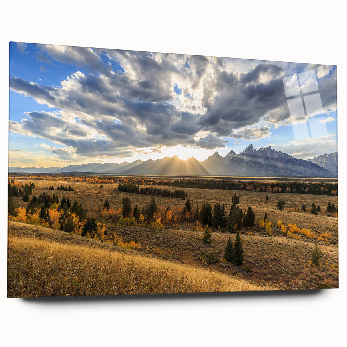 Acrylic print of the Grand Tetons in muted earth tones, suitable for bedroom or dining room decor.