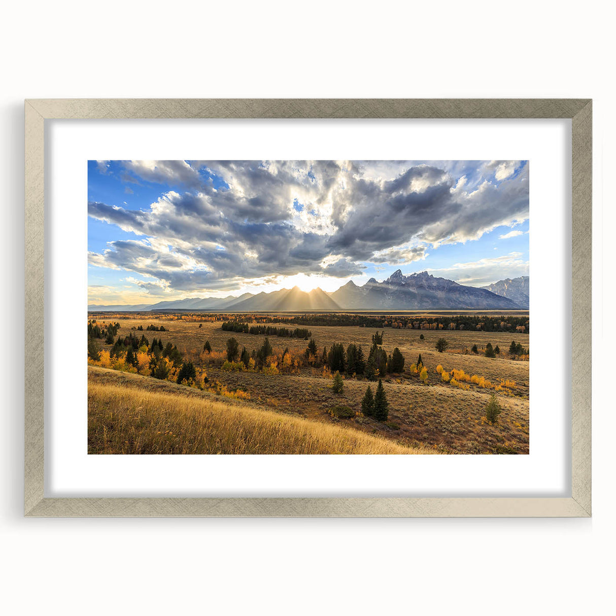 Textured art of the Grand Tetons in muted earth tones on a framed canvas, suitable for bedroom decor.