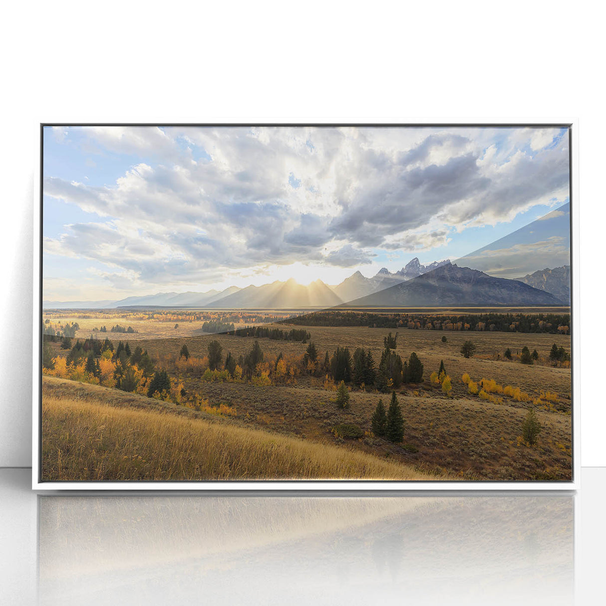 Acrylic print of Grand Tetons scenery in muted earth tones, framed in white, suitable for modern art wall decor.