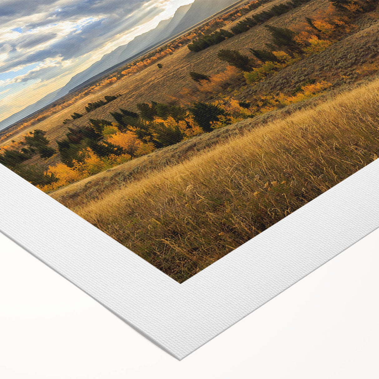 Art deco poster of Grand Tetons landscape in muted earth tones on rolled canvas, ideal for dining room wall art.