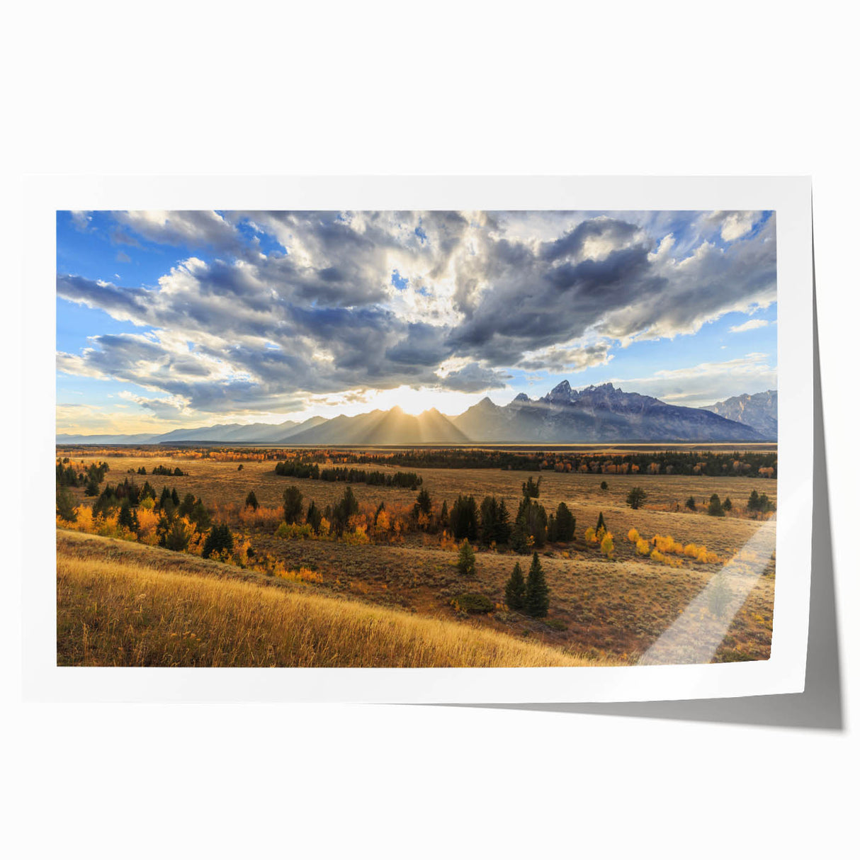Rolled print depicting Wyoming's Grand Tetons in muted earth tones, ideal for art wall dining room.