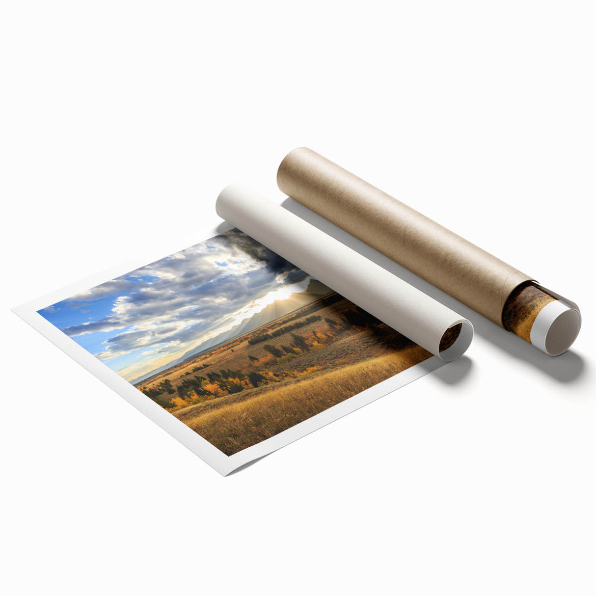 Extra large rolled print of Grand Tetons scenery with soft earth tones, ideal for classy bathroom wall art.