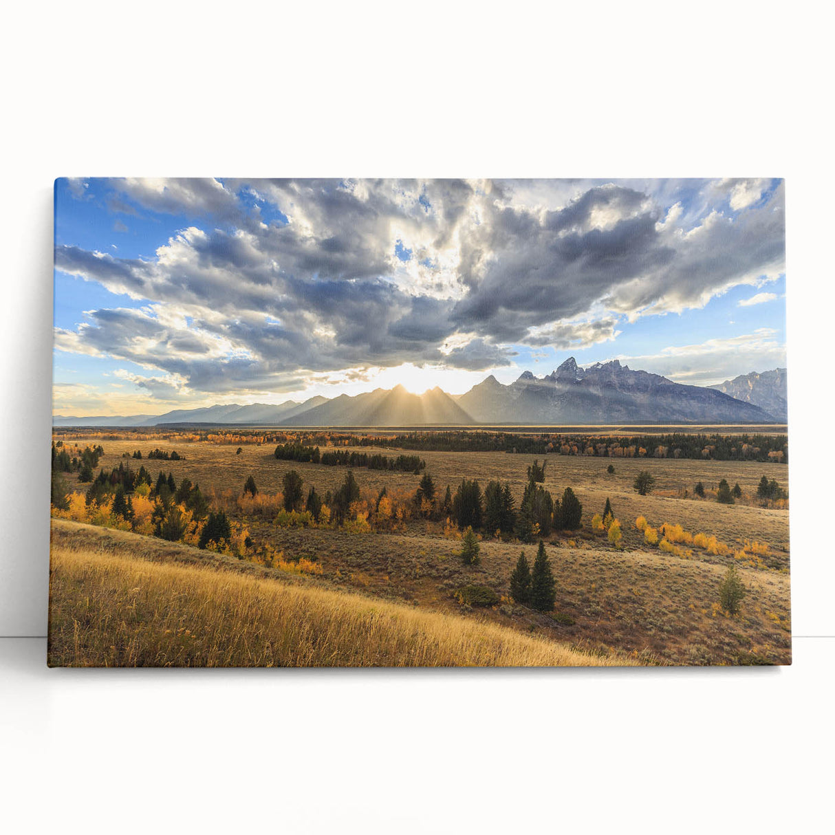 Black and white photograph of the Grand Tetons on stretched canvas.