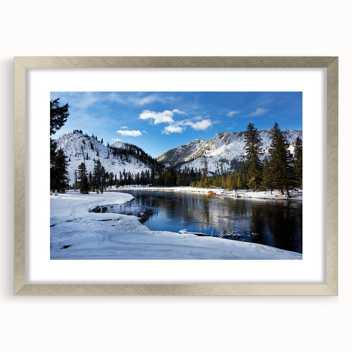 Textured art print depicting abstract Yellowstone scenery in muted earth tones on a framed silver mat.