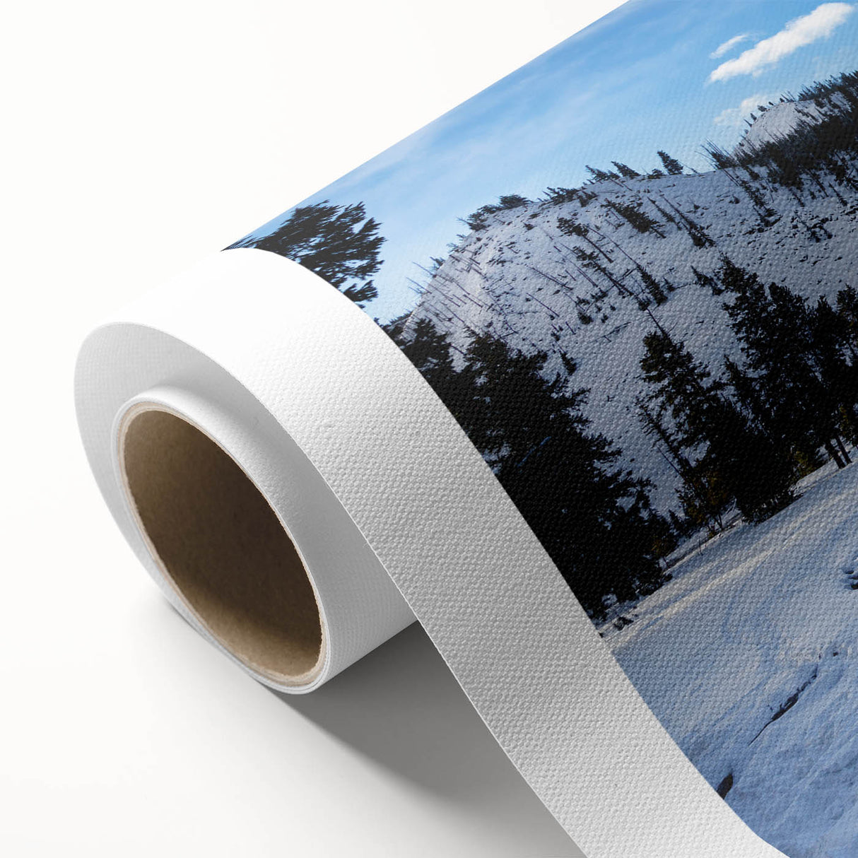 Art deco style poster of Yellowstone scenery, featuring pastel shades on rolled canvas.