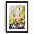 Extra large abstract art print featuring vibrant, colorful spring-themed textures on a black framed canvas.