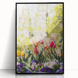 Large abstract wall art depicting spring themes in pastel shades on a framed acrylic, ideal for modern living room decor.