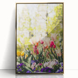 Mid-century modernist spring-themed acrylic print in gold frame, ideal for nursery wall art.
