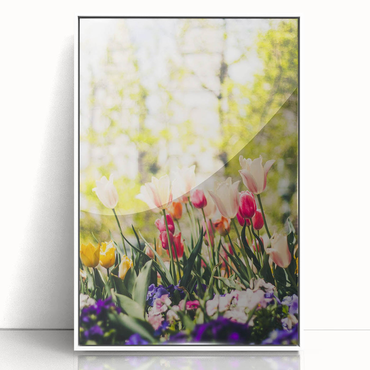 Art deco poster depicting spring season in pastel shades on framed acrylic, ideal for nursery wall art.