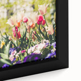Extra large framed canvas featuring a textured depiction of spring with vibrant colors, ideal for living room decor.