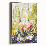Framed canvas depicting a spring landscape with lush greenery and blooming trees in soft pastels, ideal for bedroom wall art.