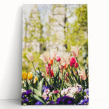 Large black and white stretched canvas depicting a spring scene, ideal for kitchen wall art or bedroom ambiance.