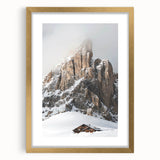 Extra large abstract art print featuring textured winter landscape in muted grays and blues, framed in gold.
