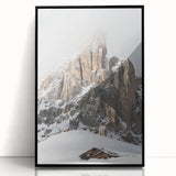 Large abstract wall art featuring swirling winter motifs in cool blue and white tones, framed in black acrylic.