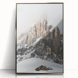 Mid-century modernist art depicting a winter scene in muted blue and white tones on a framed acrylic.