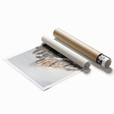 Winter-themed floral art on rolled print, featuring muted blue and white tones, ideal for classy bathroom wall art.