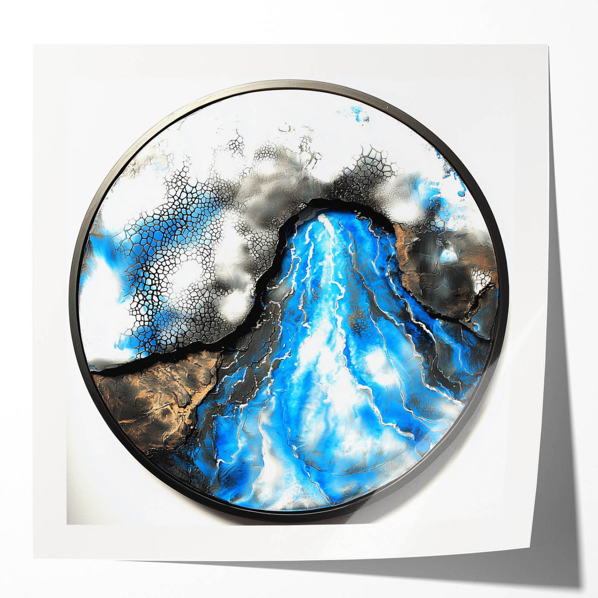Abstract geometric art print mockup featuring glossy finishes, showcasing vibrant colors and intricate shapes, ideal for modern home decor or artistic presentations.