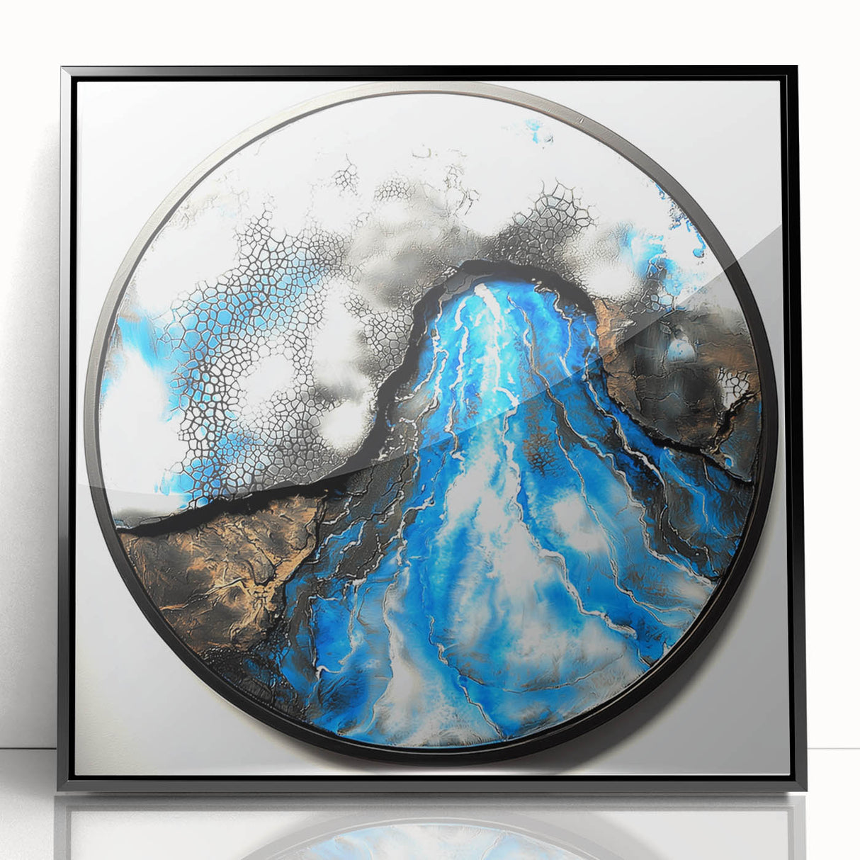 Framed abstract geometric acrylic wall art in black, showcasing modern design elements and sharp lines against a sleek background, perfect for contemporary decor.