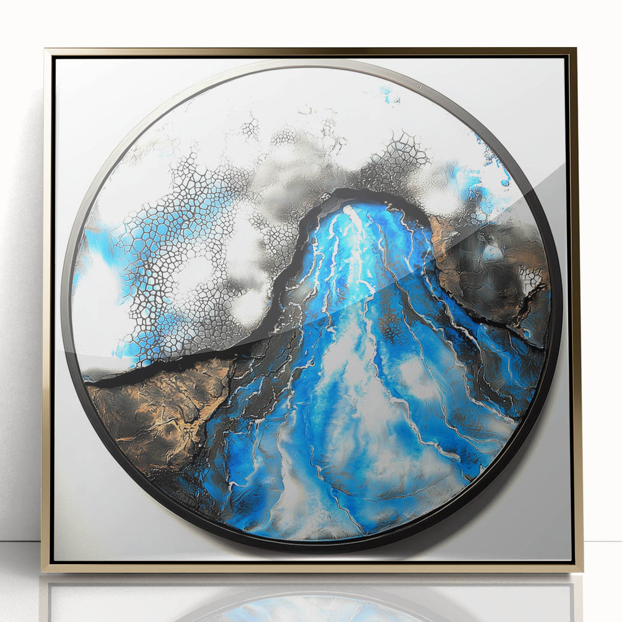 Framed abstract geometric art piece with gold accents, displayed against a neutral background, ideal for modern home decor and gallery walls.