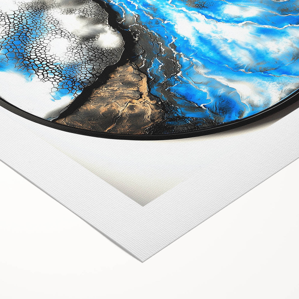 Abstract geometric rolled canvas artwork showcasing vibrant blue, yellow, and red shapes, elegantly packed in a sturdy cardboard tube for safe shipping.