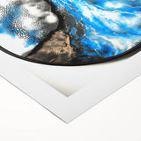 Abstract geometric rolled canvas artwork showcasing vibrant blue, yellow, and red shapes, elegantly packed in a sturdy cardboard tube for safe shipping.