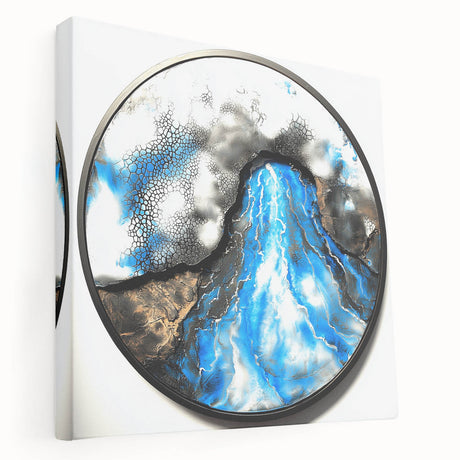 Abstract geometric stretched canvas artwork showcasing vibrant colors and intricate patterns, presented in a side view to highlight its depth and texture, perfect for modern home decor.