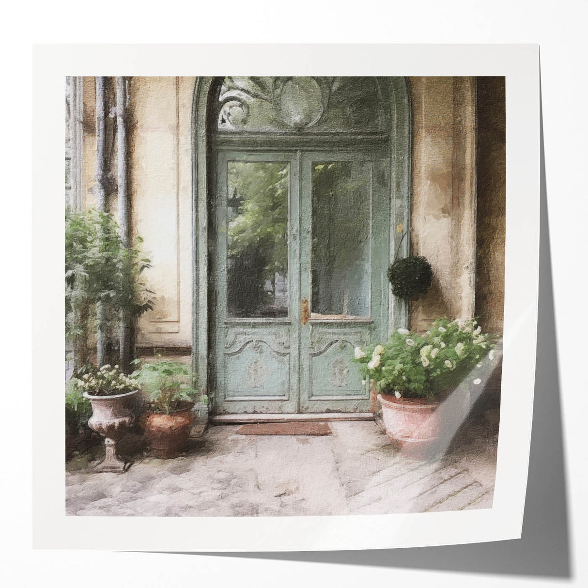 Extra large wall art featuring a French door architecture in muted earth tones, printed on glossy photo paper.