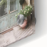 Mid-century modernist acrylic glass print featuring a close-up of a French door, in muted earth tones.