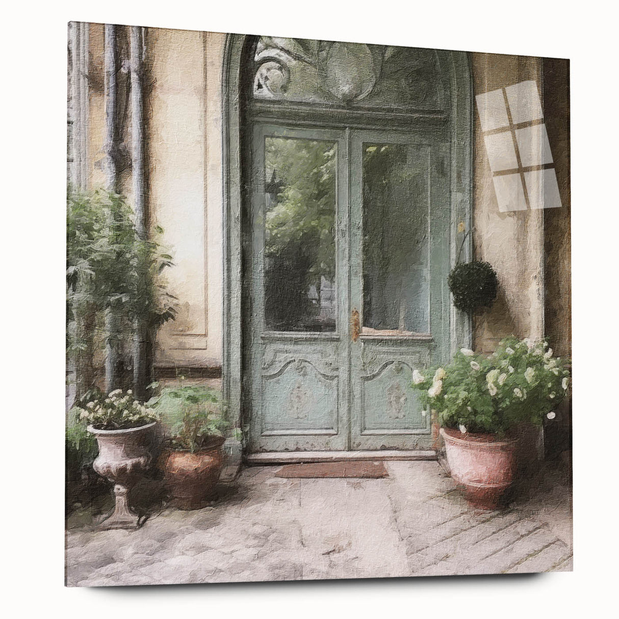 Acrylic print of a large abstract door design in monochrome, suitable for bedroom or dining room decor.