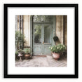 Extra large abstract art print featuring a colorful, textured depiction of a French door, framed in black.