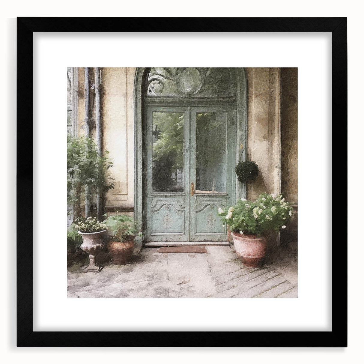 Extra large abstract art print featuring a colorful, textured depiction of a French door, framed in black.
