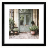 Extra large abstract art print featuring a colorful, textured depiction of a French door, framed in black.