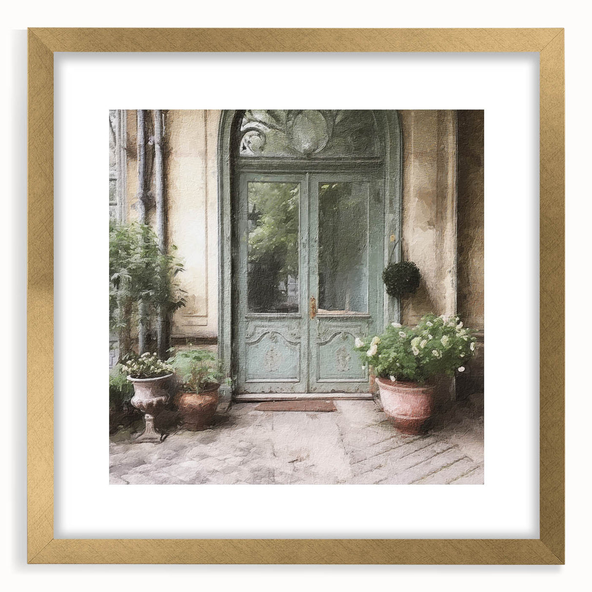 Extra large abstract art print featuring a textured depiction of a French door, in muted gold tones on a framed canvas.